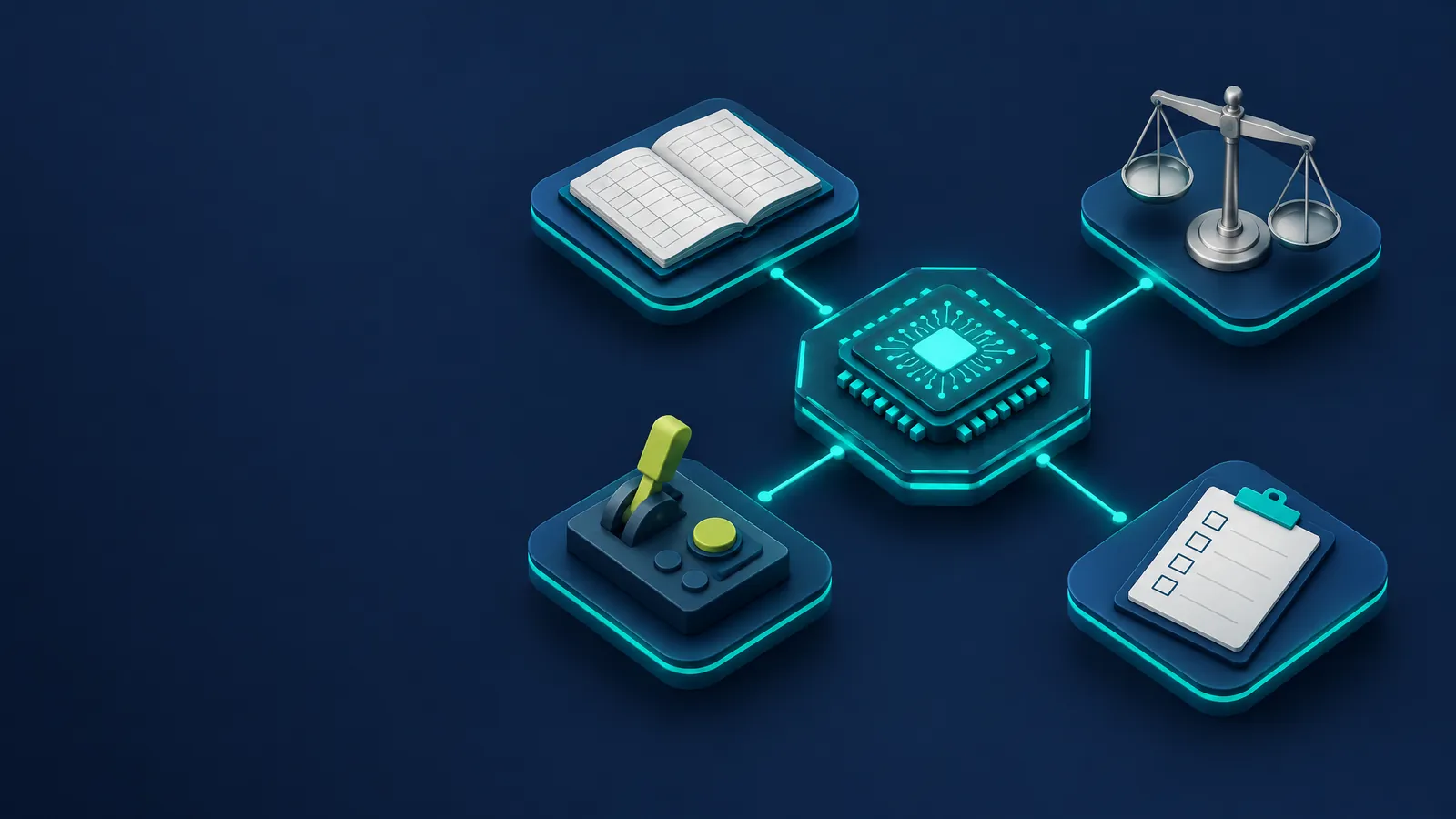 Isometric illustration of an AI register, a balance scale, a human override lever and a checklist around a central AI chip