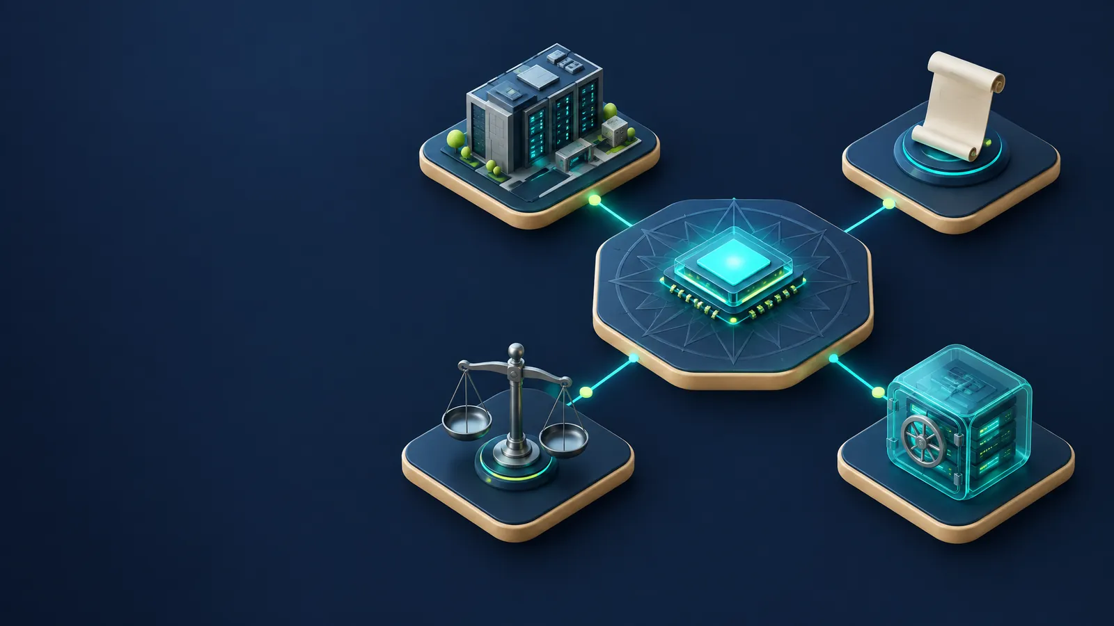 Isometric illustration of a data centre, a policy scroll, a balance scale and a data vault around a central AI chip