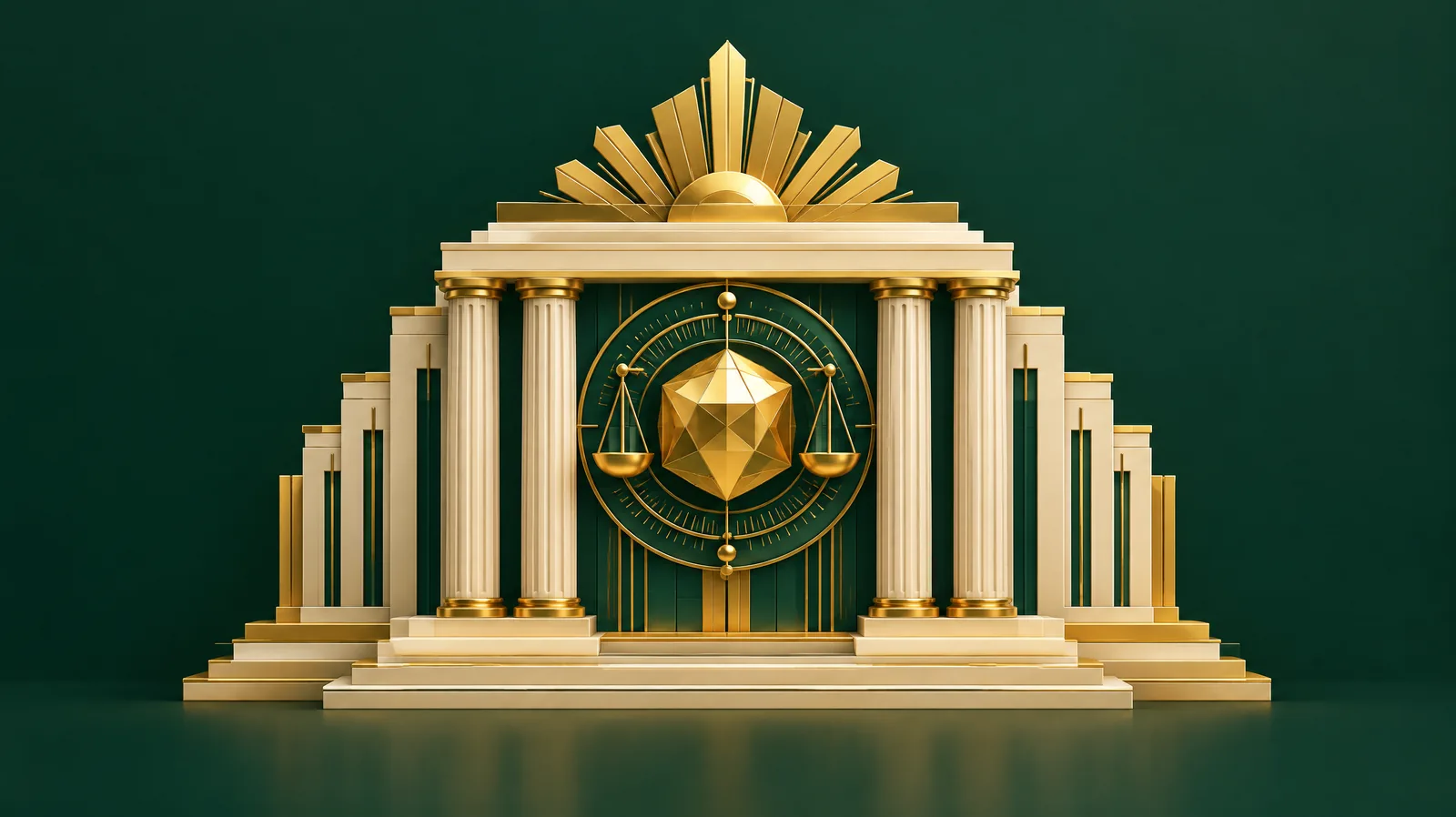 Art deco bank facade in gold and ivory on deep green, with a faceted gold AI gem and balance scales inside a ring of gauges at its centre