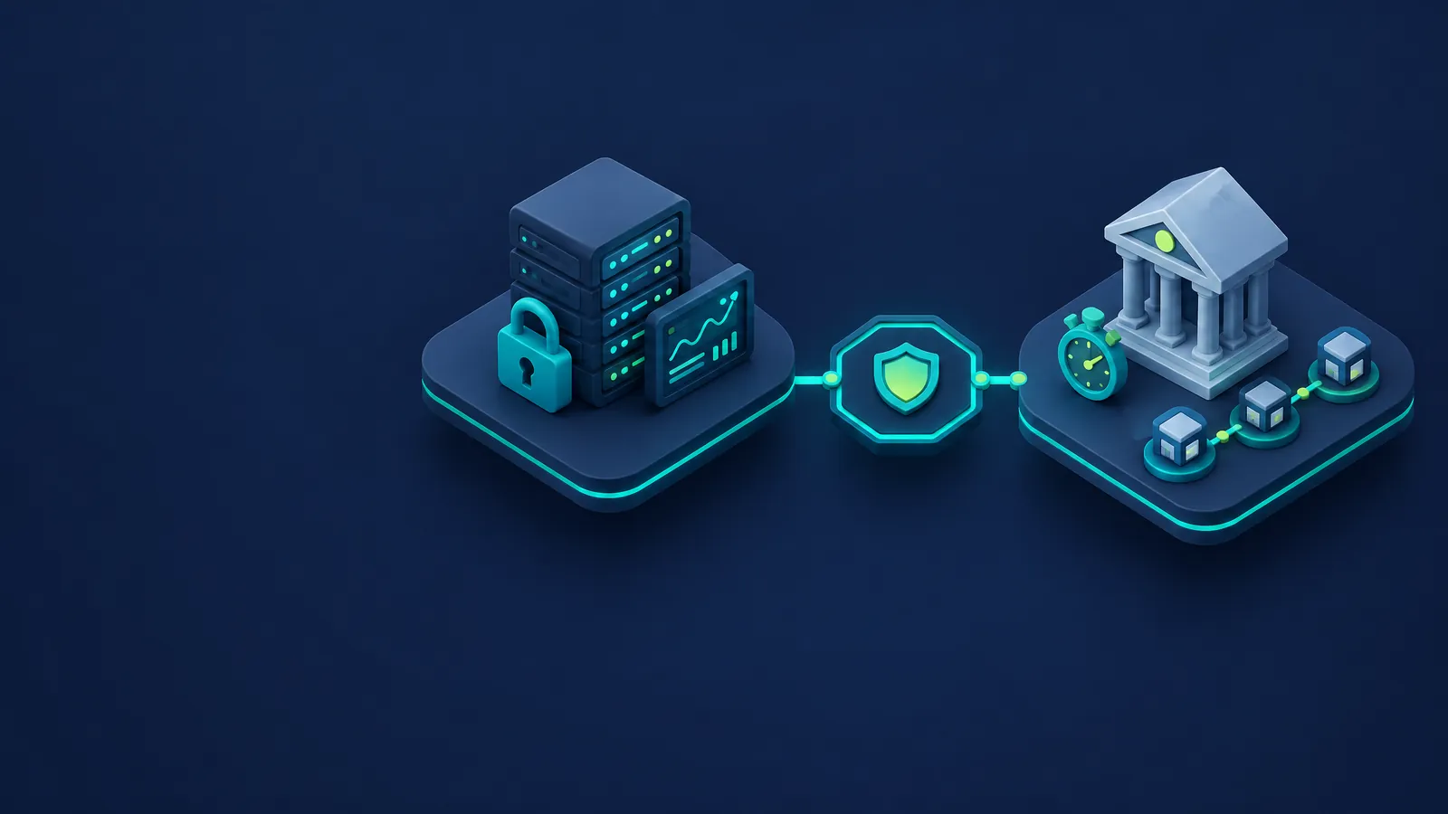 Isometric illustration of a padlocked server rack with a monitoring screen on one tile and a bank building with a stopwatch and linked supplier nodes on another, joined to a central shield hub