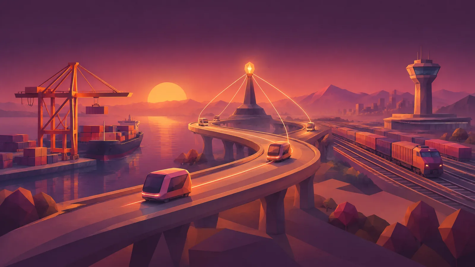 Low-poly illustration at sunset of driverless shuttles on a curving elevated road between a port, a rail yard and a control tower, linked to a central beacon
