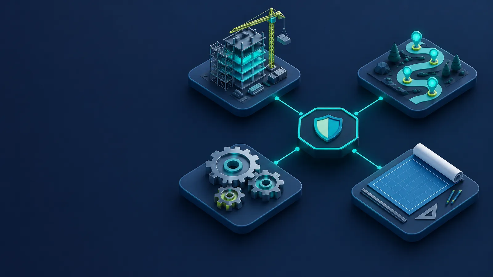Isometric illustration of a building under construction, a milestone path, interlocking gears and a blueprint table linked to a security hub