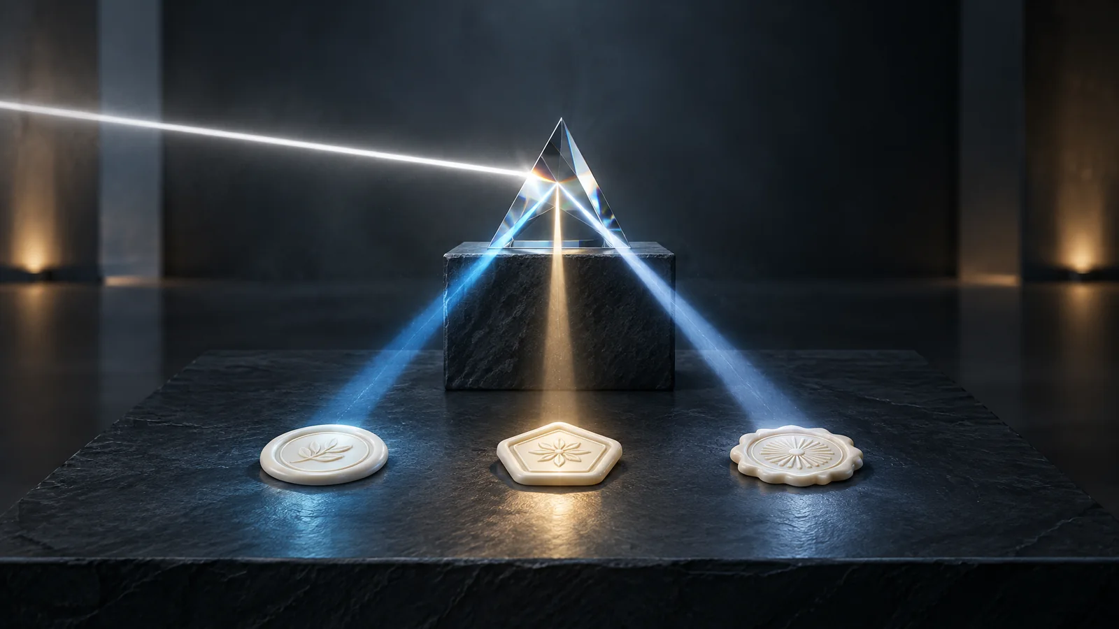 A crystal prism on a slate plinth splitting one beam of light into three beams that fall on three differently shaped ivory seals