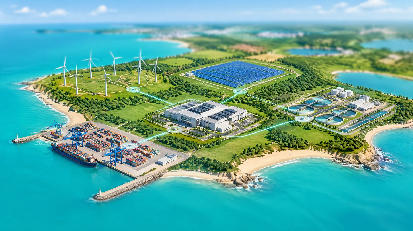 Aerial miniature of a coastline with a wind farm, solar field, water treatment plant, container port and data centre linked by glowing cables