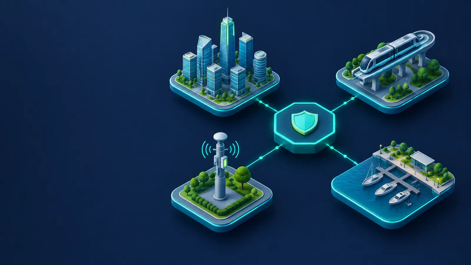Isometric illustration of glass towers, an elevated driverless metro, a smart-city sensor pole and a marina linked to a security hub