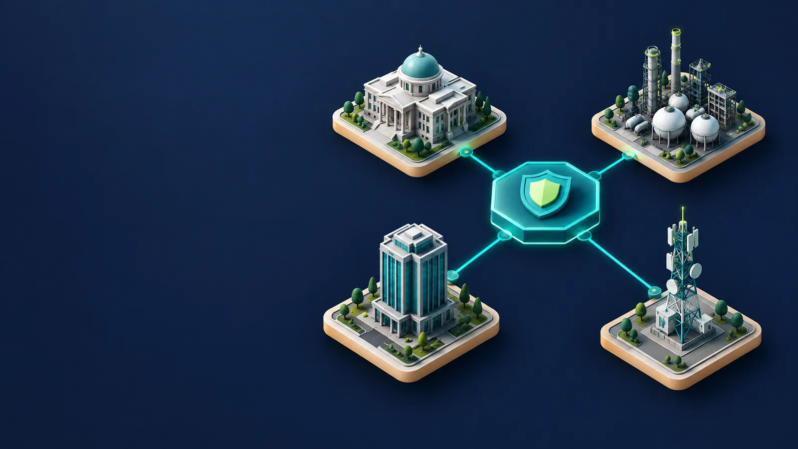 Isometric illustration of a domed government building, an oil refinery, a bank tower and a telecom mast linked to one central security hub
