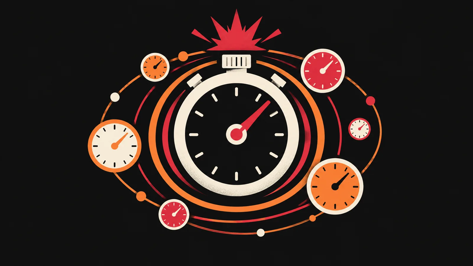 Poster-style stopwatch surrounded by orbiting red and orange dials of different sizes under an alert burst, on a black background