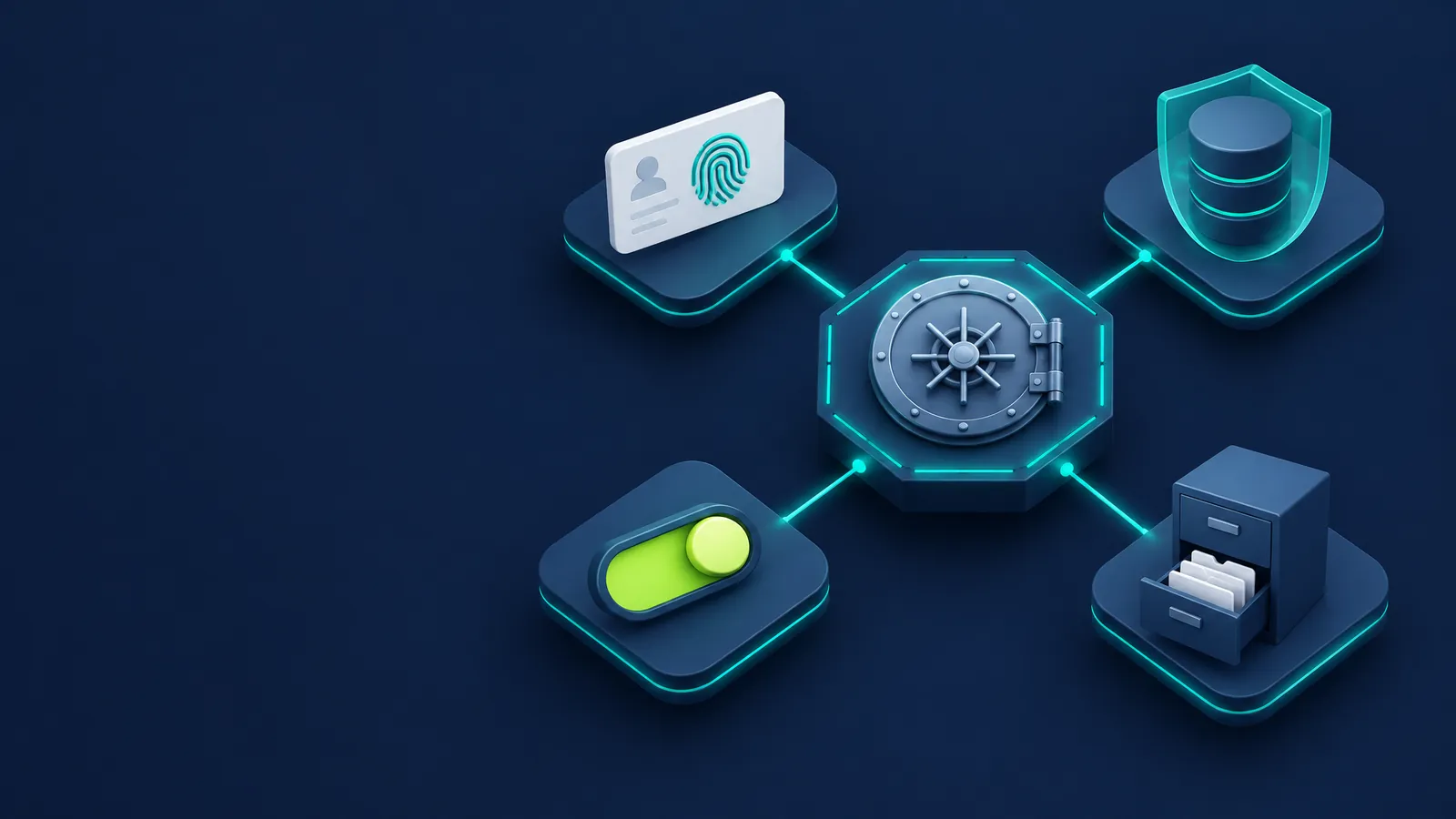 Isometric illustration of an identity card, a shielded database, a consent toggle and a filing cabinet around a central vault door