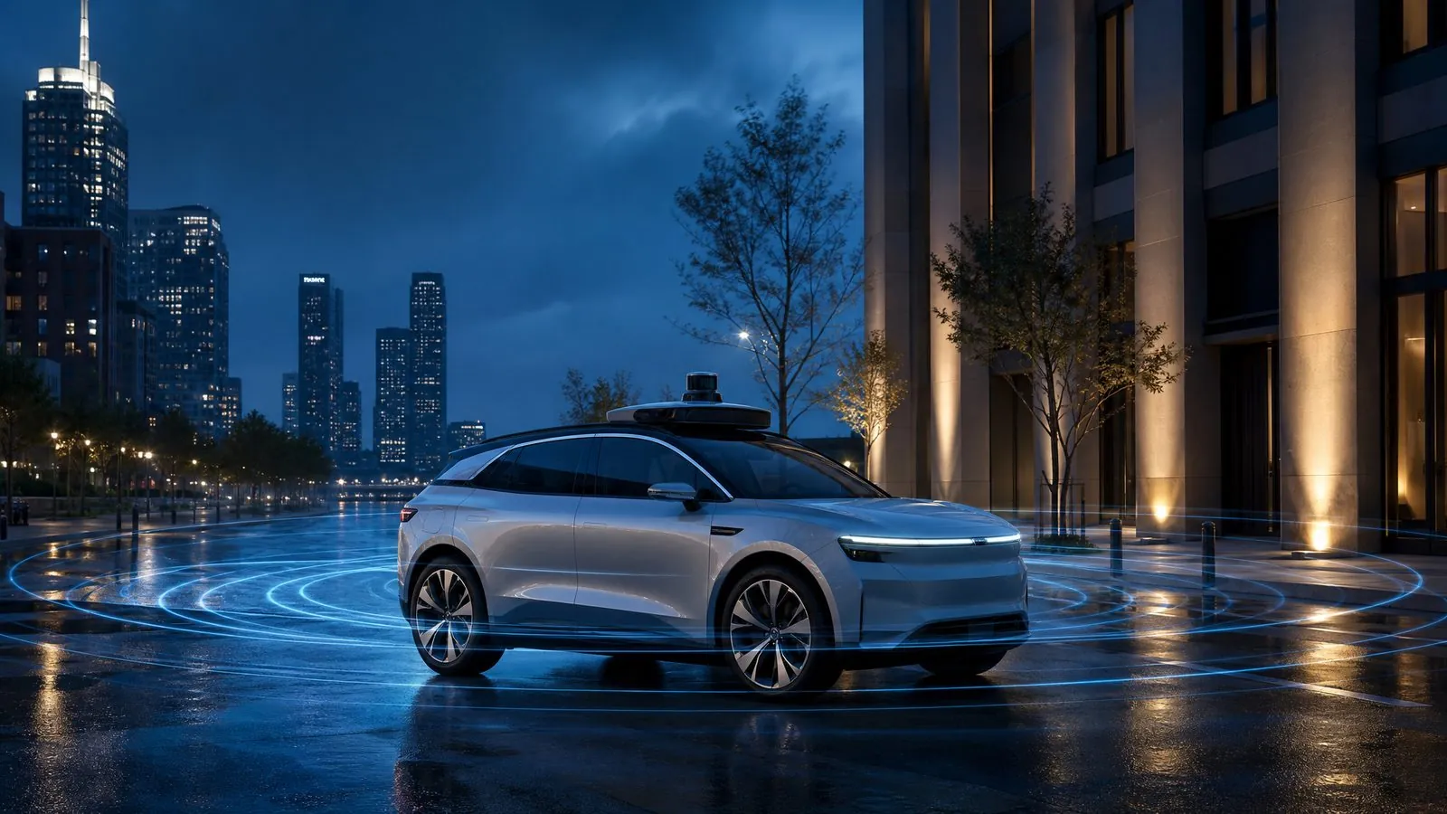 An autonomous car on a wet city street at night, rings of blue light on the ground marking its sensor field