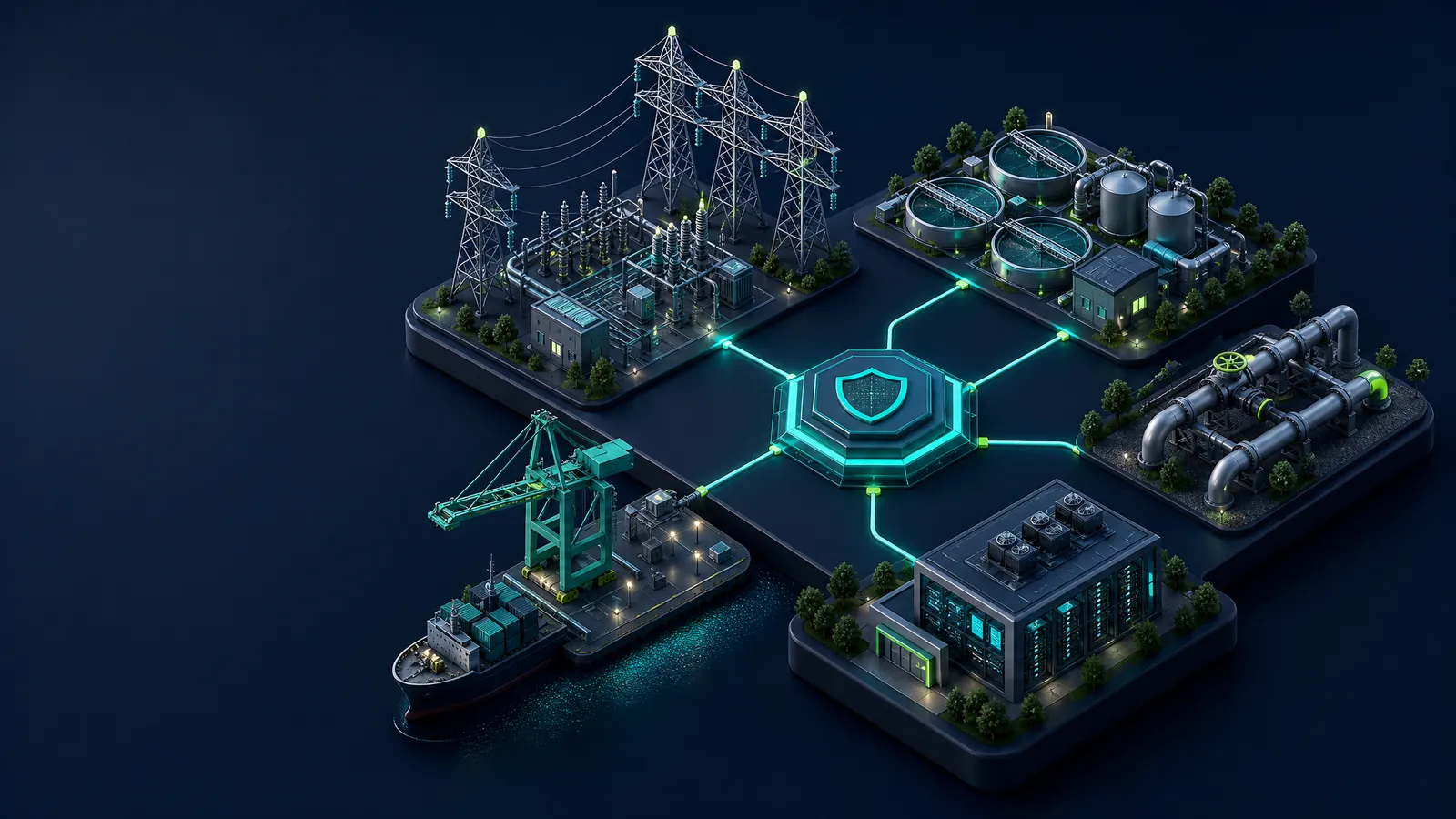 Isometric illustration of an electricity substation, water treatment plant, gas pipeline, port and data centre linked to one protected control hub