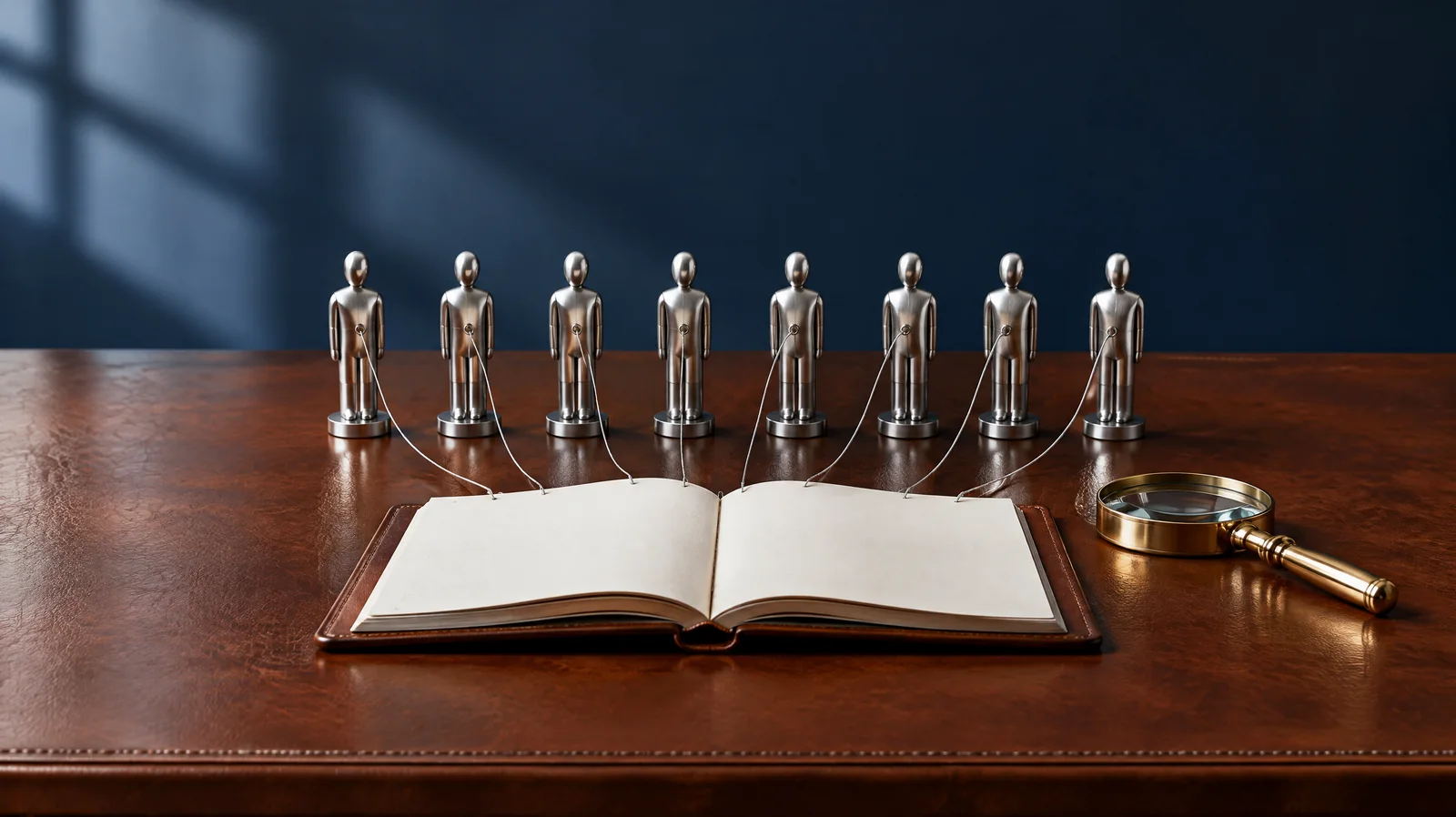 A row of brushed-steel figurines on a cognac leather desk, each tethered by a fine thread to one open register, with a brass magnifying glass beside it