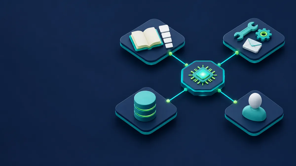 Isometric illustration of a register ledger tile with agent cards, each card linked to tool icons, a data store and an owner avatar, around a central AI chip