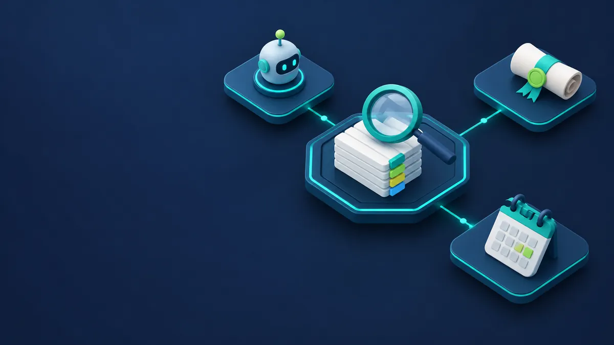Isometric illustration of an auditor's magnifying glass over a stack of dated evidence cards linked to an AI agent node and a policy scroll