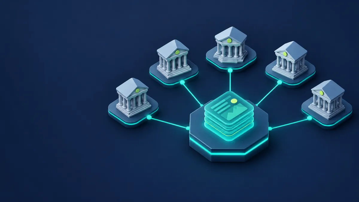 Isometric illustration of several central bank buildings on floating platforms, each linked to a shared AI model inventory hub in the centre