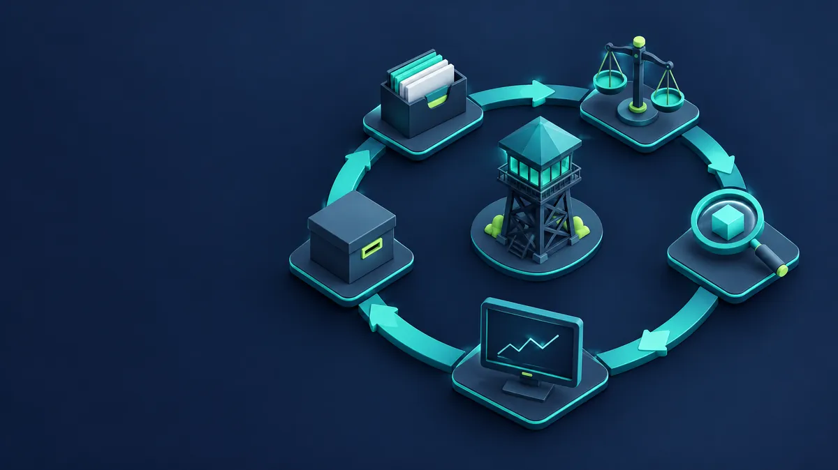 Isometric illustration of an AI model lifecycle loop with stations for inventory, tiering, validation, monitoring and retirement, watched by a governance tower