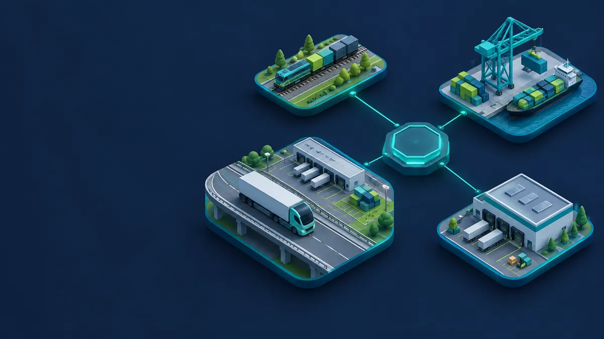 Isometric illustration of an autonomous truck, a freight terminal, a rail line and a port crane linked to a central control hub