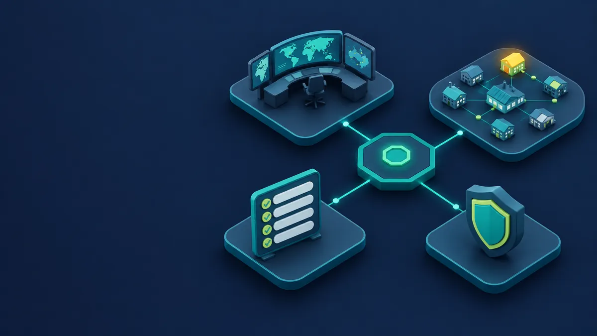 Isometric illustration of a fleet operations centre with screens, a supplier network map and a compliance checklist tile linked to a central hub