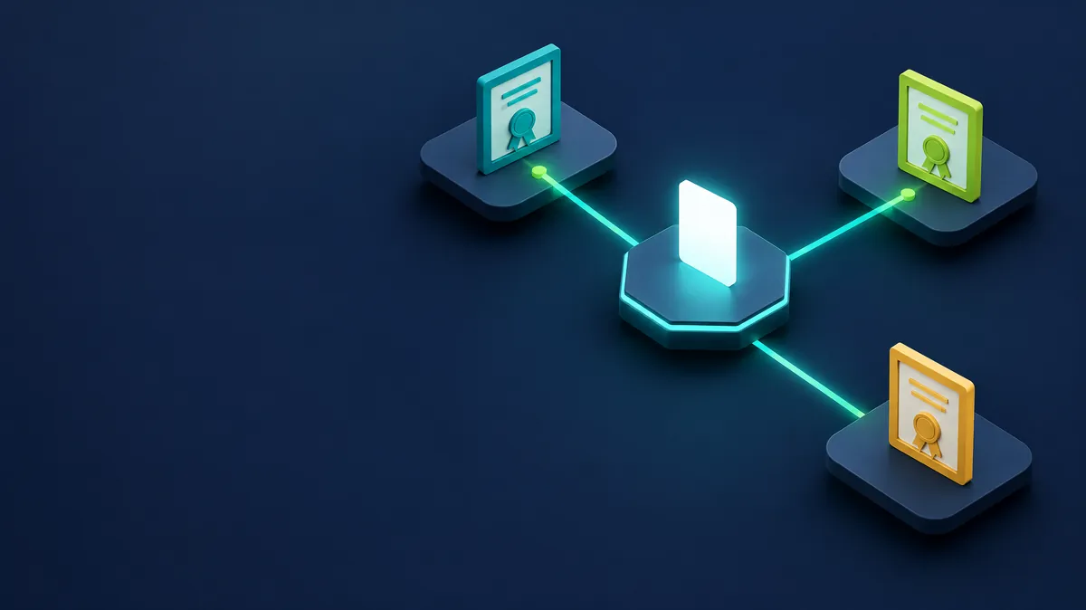 Isometric illustration of a single evidence card splitting into three glowing paths that lead to three different certificate tiles