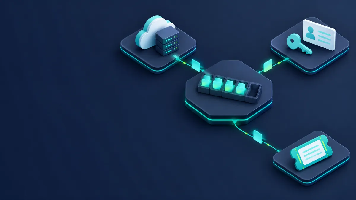 Isometric illustration of a control hub with dated evidence slots filling automatically from cloud, identity and ticketing systems