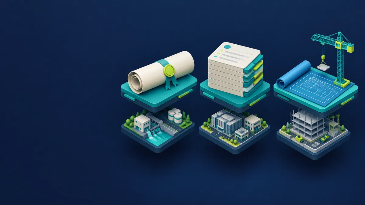 Isometric illustration of three distinct platforms, one with a legal statute scroll, one with a control catalogue, one with a blueprint under construction, each supporting critical infrastructure assets