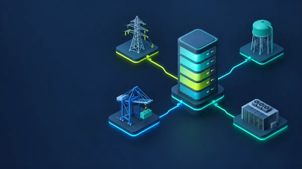 Isometric illustration of a single control library tower feeding colour-coded lines to energy, water, port and data centre assets across several countries