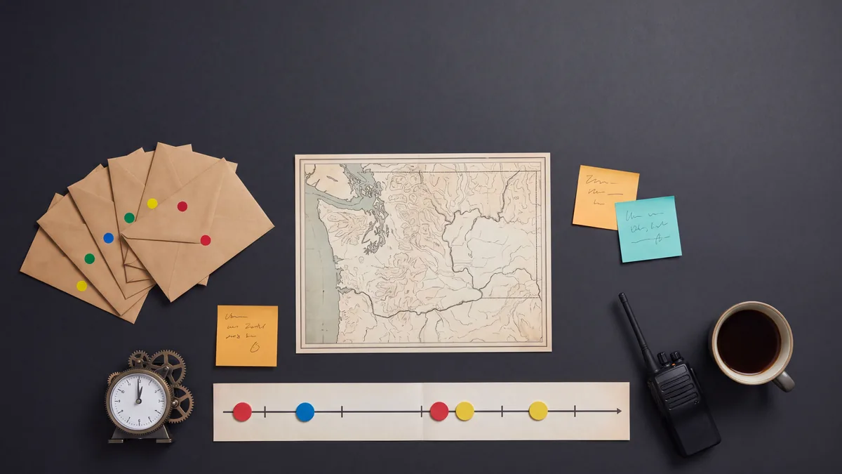 Overhead view of a tabletop exercise: sealed inject envelopes, a countdown timer, a regional map and coloured tokens on a printed timeline