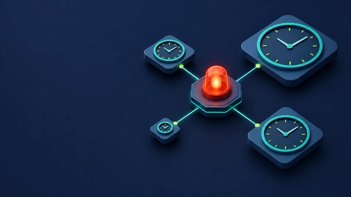 Isometric illustration of several clocks of different sizes on floating tiles, each linked to a regulator building, around a central incident alarm hub