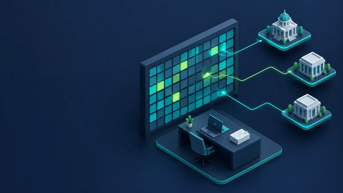 Isometric illustration of an incident response room with a matrix board of colour-coded tiles linking to several regulator buildings