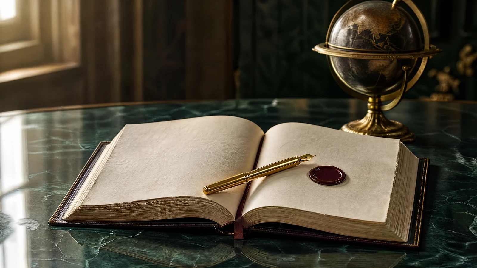 A bound agreement with ivory pages on a dark emerald marble desk, with a gold fountain pen, a burgundy wax seal and a small brass globe behind