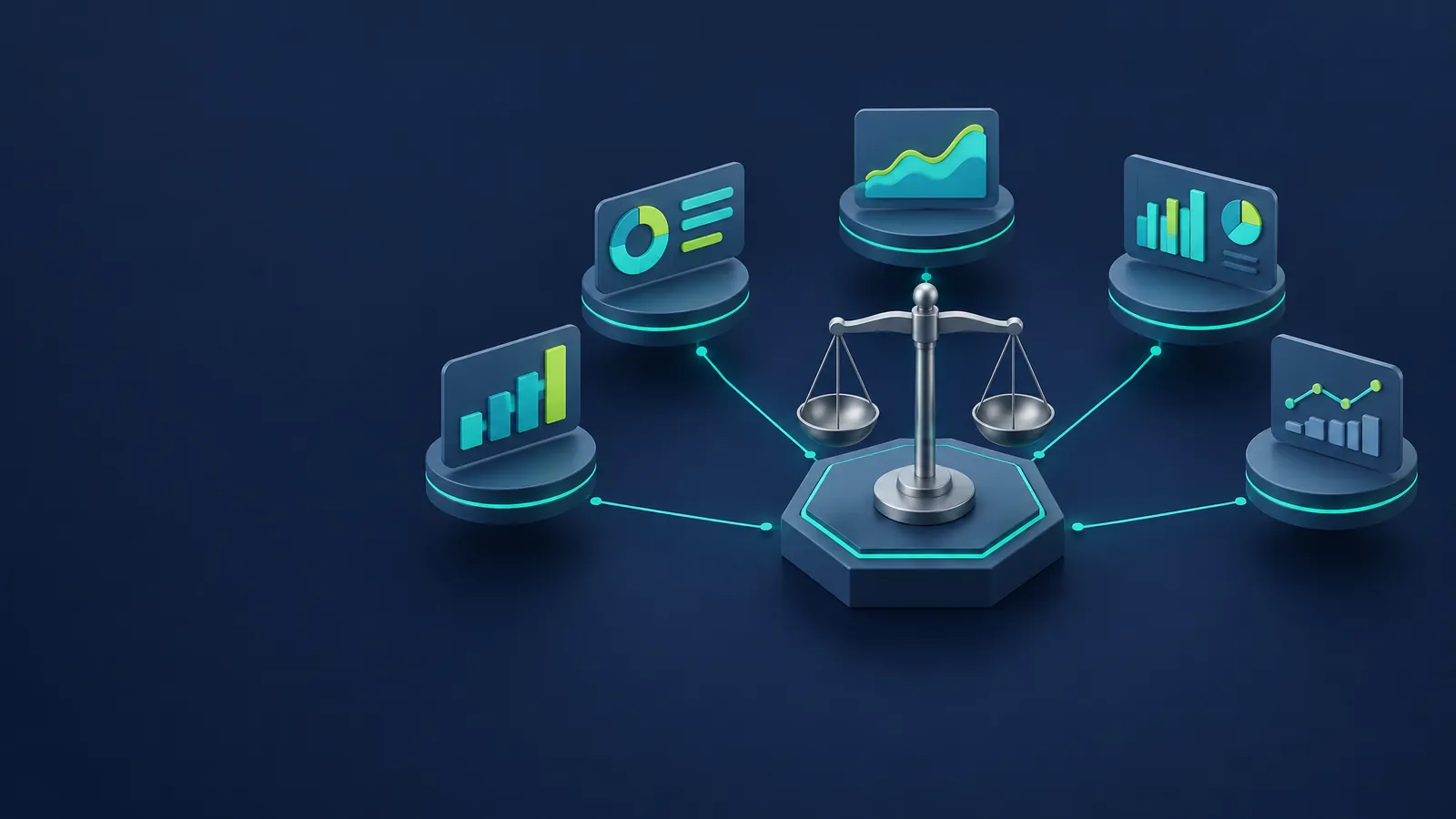 Isometric illustration of five platform dashboards on pedestals arranged around a brushed metal balance scale on a central hub