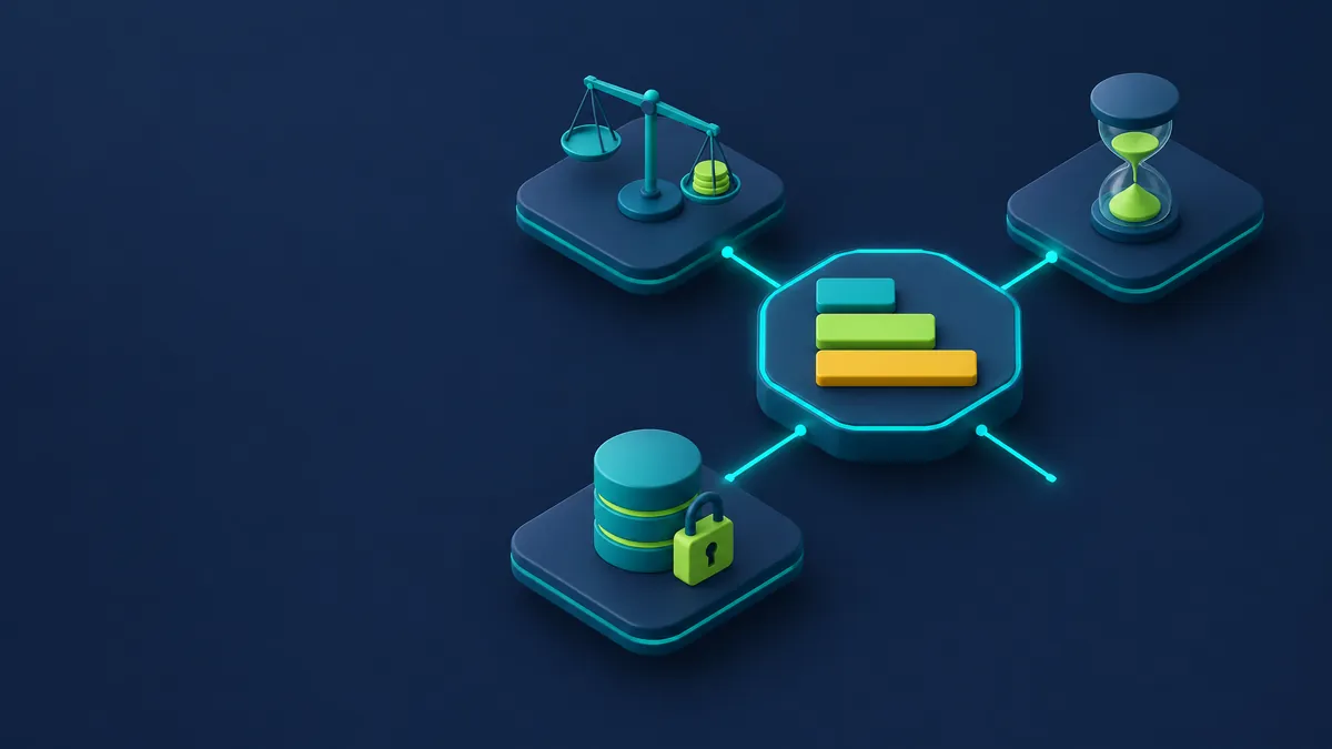 Isometric illustration of three stacked time blocks labelled by colour only, representing data shelf life, migration time and threat arrival, beside a balance scale