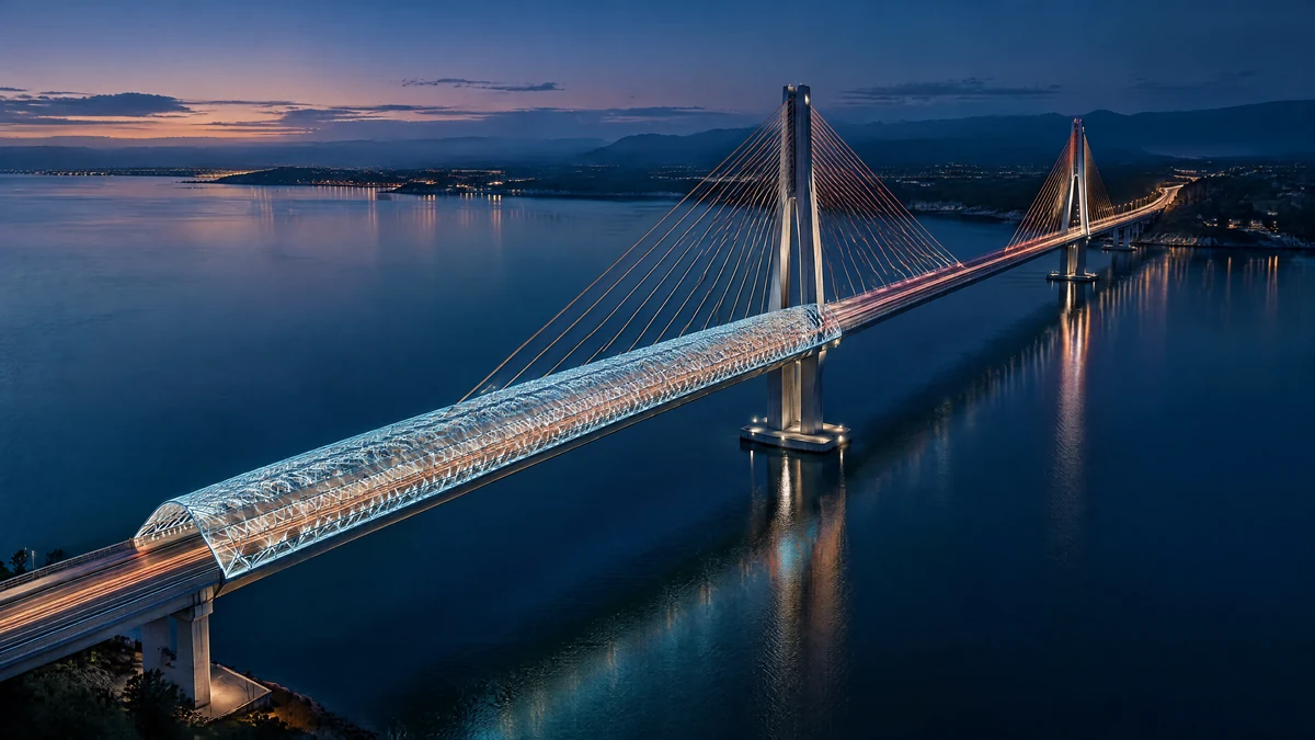 Aerial view of a cable-stayed bridge at blue hour with a glowing protective canopy over the near half of the deck and the far half bare