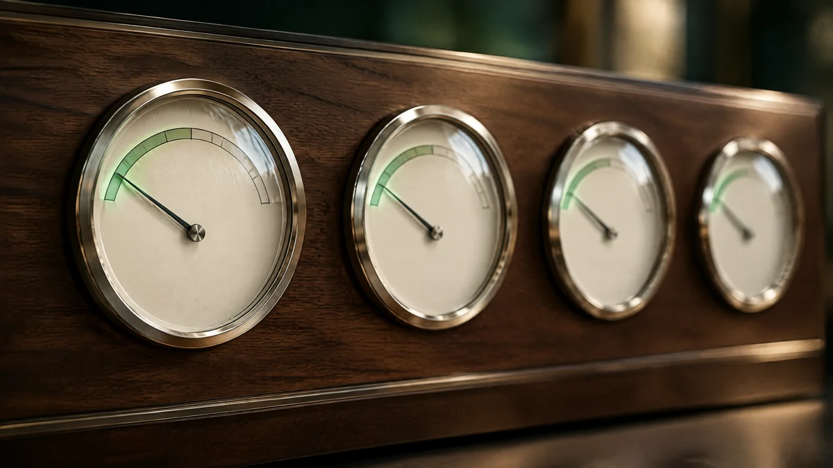 Four precision analogue gauges with blank ivory faces and green dial bands set into a dark walnut panel