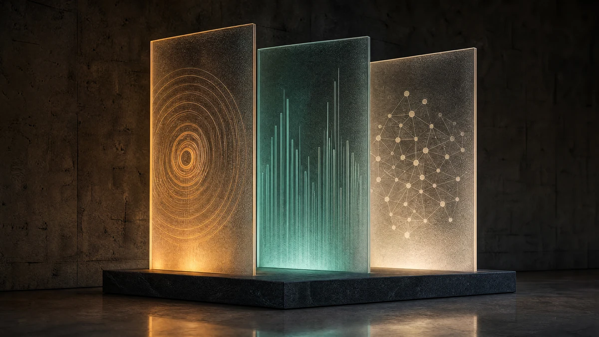 Three upright frosted glass panes on a slate plinth, each etched with a different abstract data visualisation and backlit in amber, teal and ivory