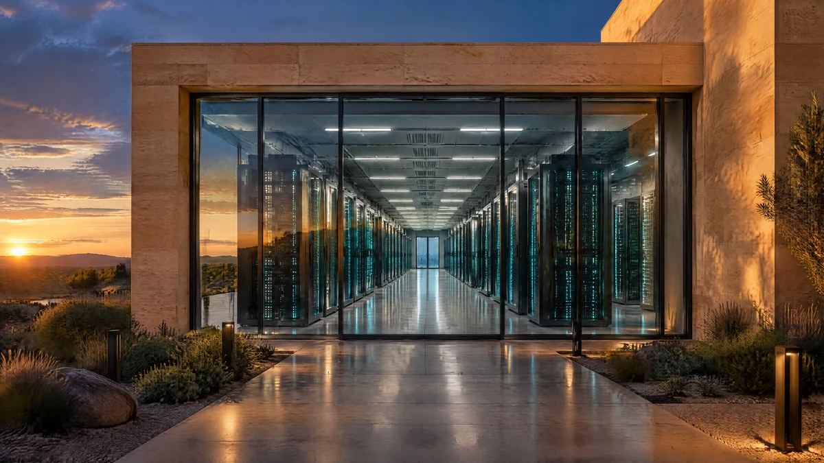 A modern data centre hall seen through a glass wall in a sandstone building at dusk, rows of server racks glowing teal