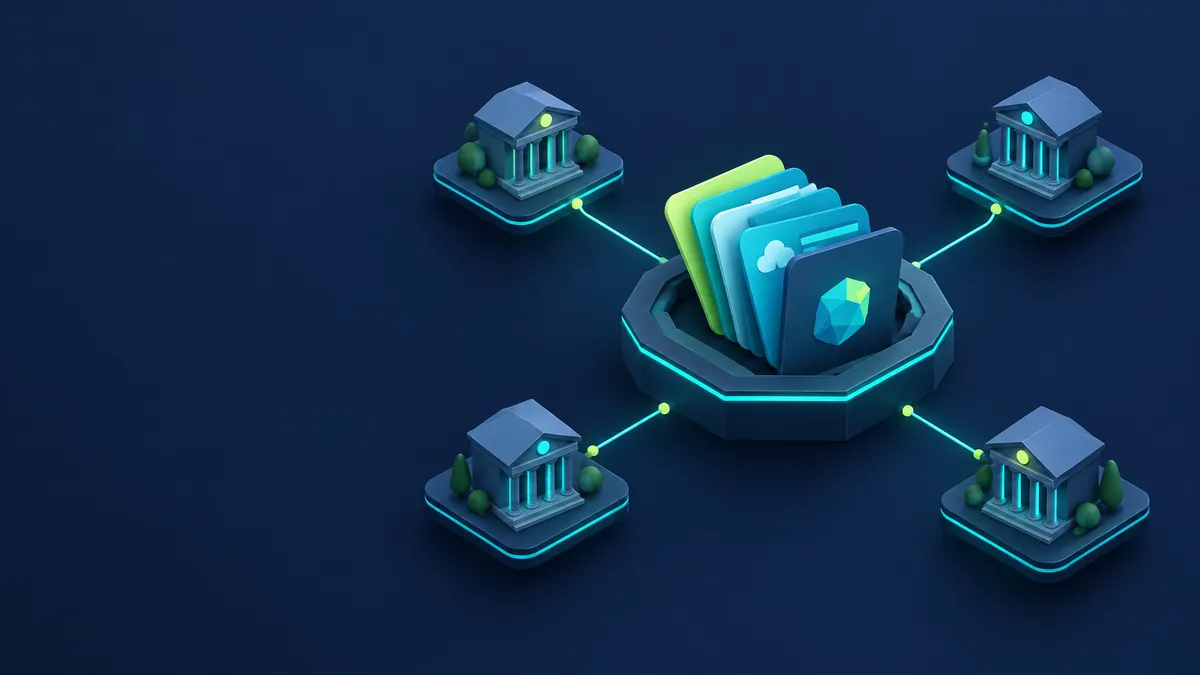 Isometric illustration of a central supplier register hub with cards for cloud, payments, SaaS and AI providers, linked to several regulator buildings