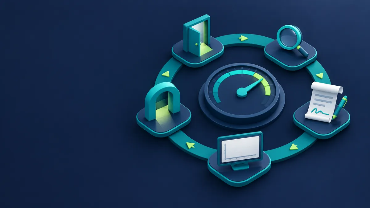 Isometric illustration of a supplier lifecycle loop with stations for onboarding, due diligence, contract, monitoring and exit, around a concentration risk gauge