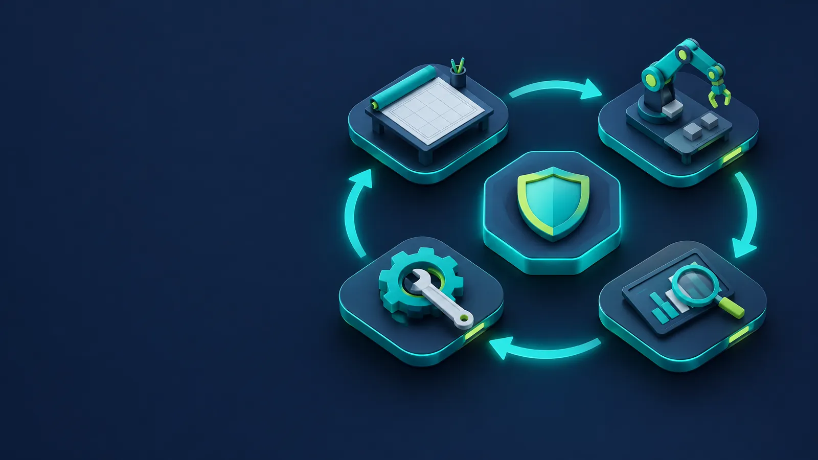 Isometric illustration of a plan-do-check-act cycle: a planning desk, a robotic workshop, a dashboard under a magnifying glass and a wrench on a gear around a security hub