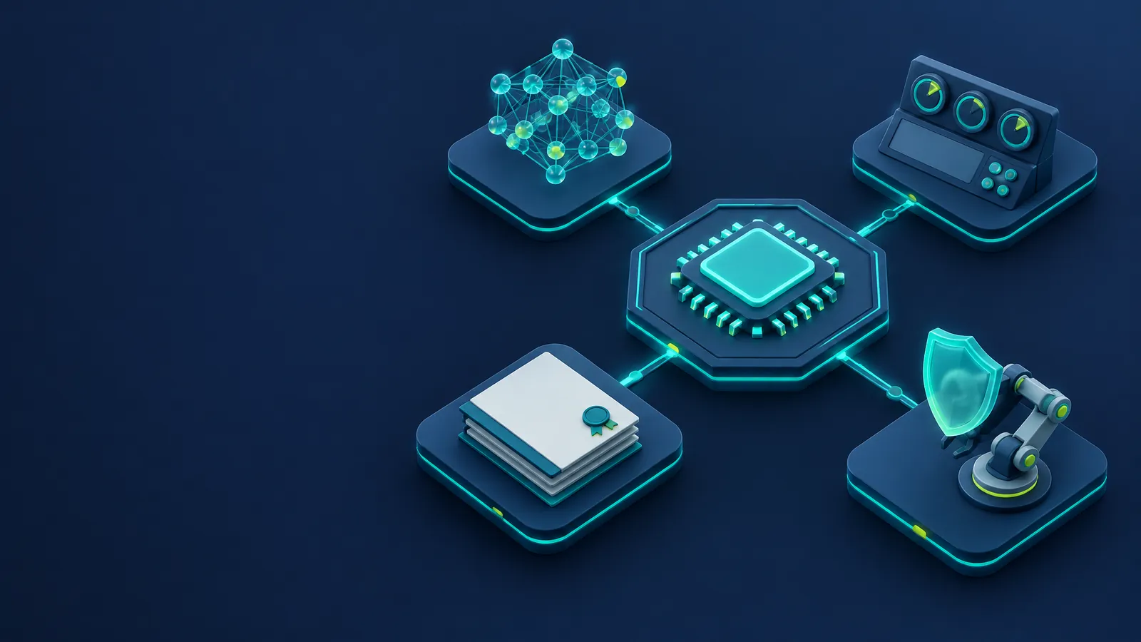 Isometric illustration of a neural network, a management console, a sealed document stack and a shielded robot arm linked to a central AI chip