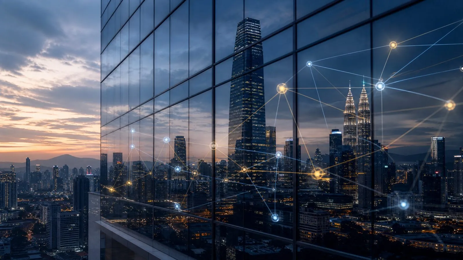 A bank tower reflected in glass, with a chain of linked supplier nodes drawn across the reflection