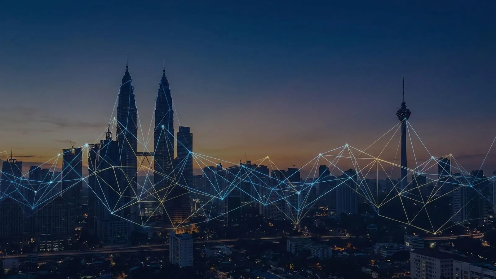 Kuala Lumpur skyline at dusk with a translucent lattice of network lines overlaid across the towers