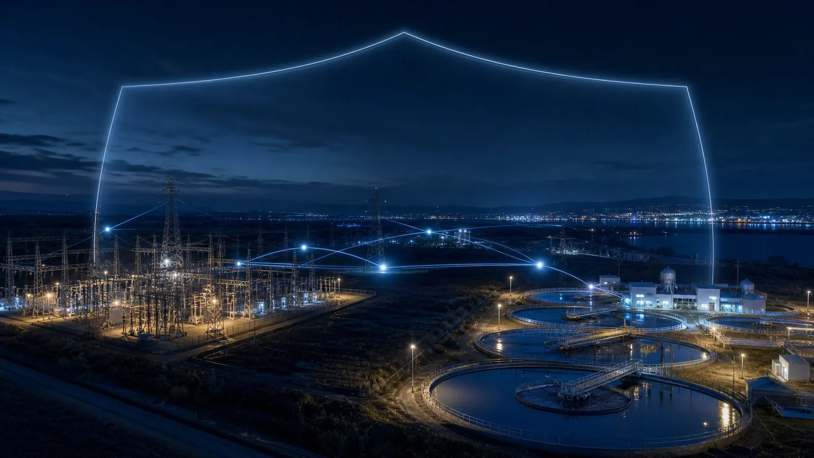 An electricity substation and water treatment works at night, protected by a faint glowing shield outline