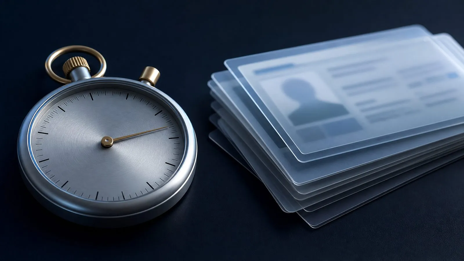 A steel stopwatch beside a stack of translucent identity cards on a dark navy surface