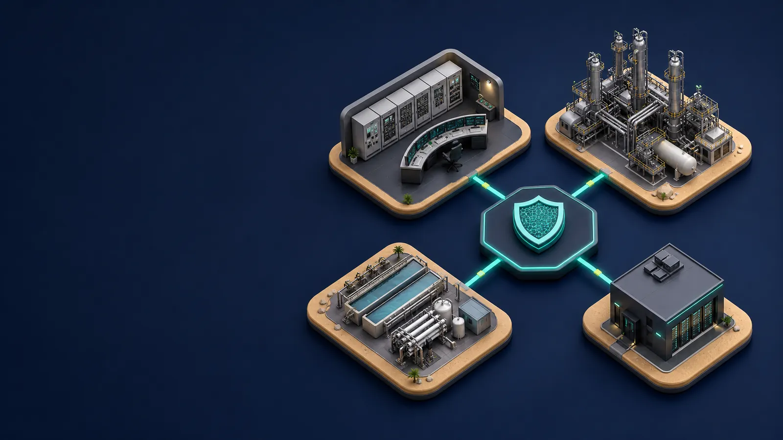 Isometric illustration of an industrial control room, petrochemical plant, desalination plant and server building linked to a central security hub