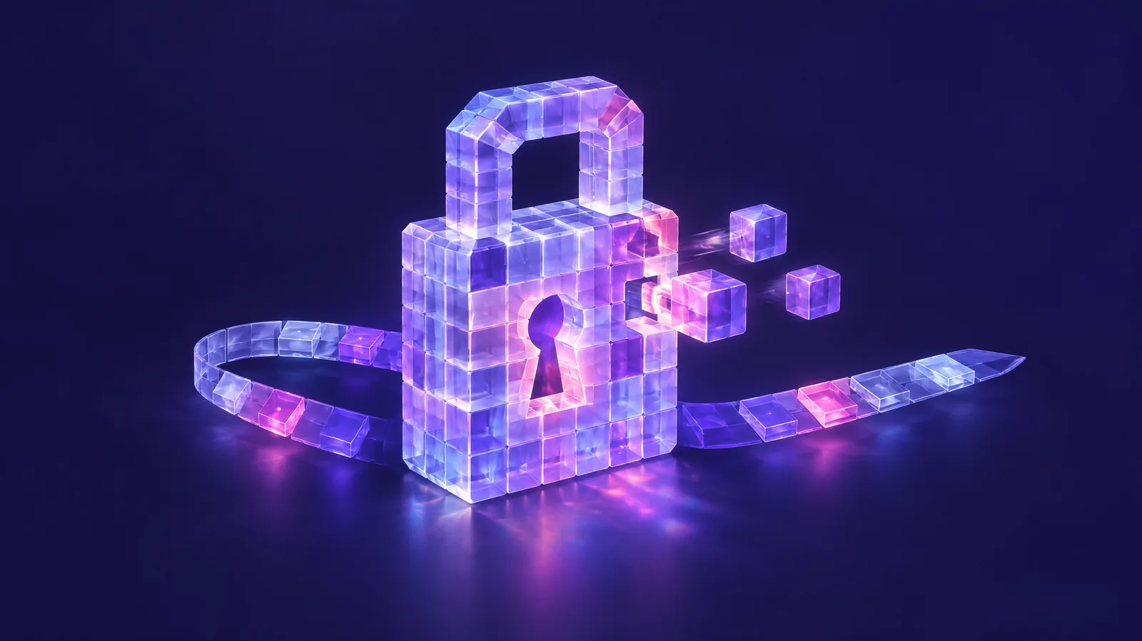 Frosted glass padlock built from violet and magenta crystal cubes, with new cubes sliding into place along a glowing glass timeline ribbon