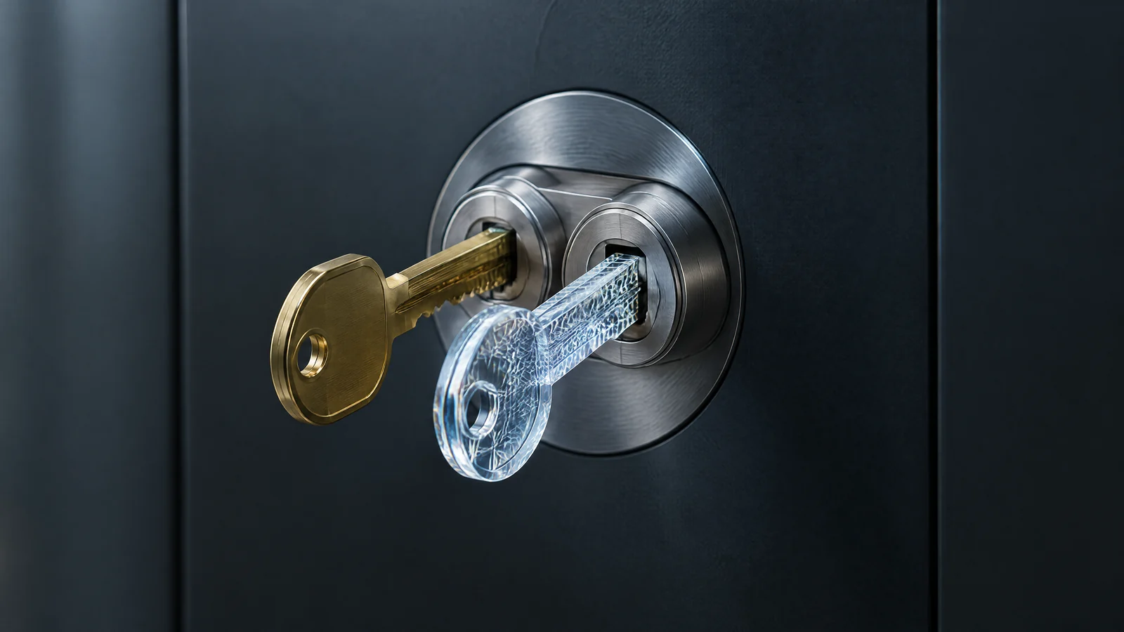 A polished brass key and a clear crystal lattice key inserted together into one machined titanium dual-cylinder lock