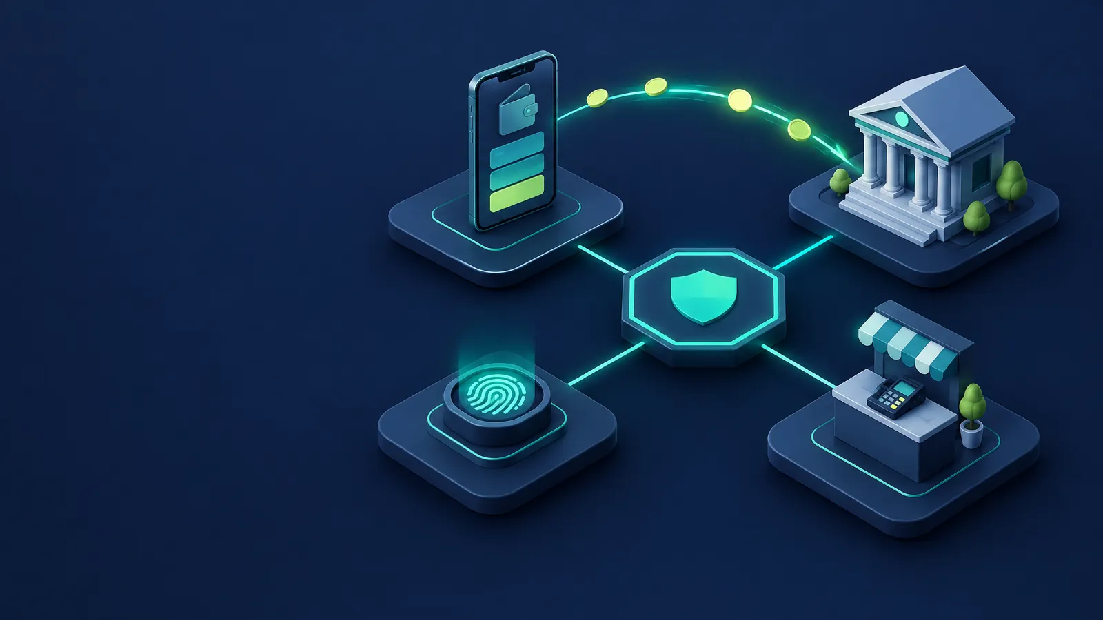 Isometric illustration of a mobile wallet, a fingerprint scanner, a bank building and a merchant card terminal linked to a security hub