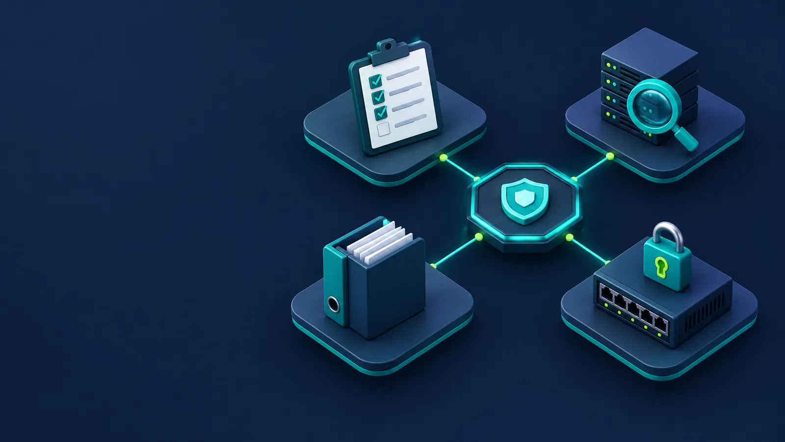 Isometric illustration of an audit checklist, a magnifying glass over a server, a policy binder and a padlocked network switch linked to a security hub