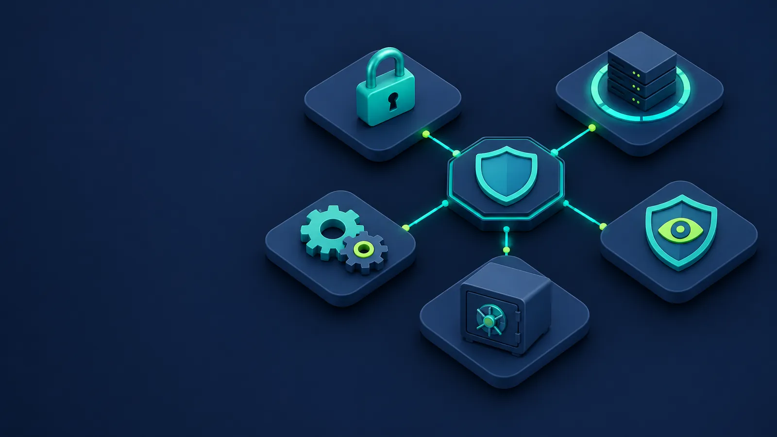 Isometric illustration of five tiles for security, availability, processing integrity, confidentiality and privacy around a central security hub