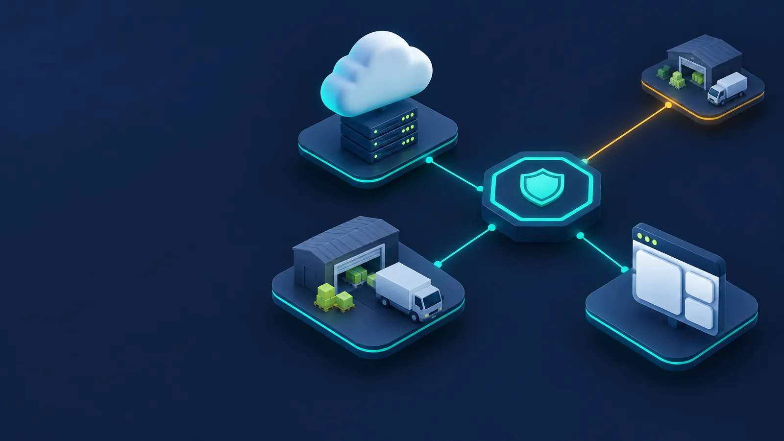 Isometric illustration of a cloud over a server rack, a supplier warehouse and an app window linked to a security hub, with one distant supplier link glowing amber